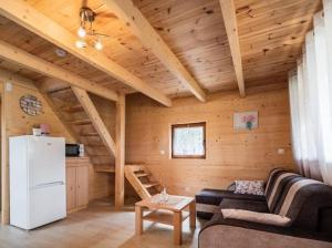 ein Wohnzimmer mit einem Sofa und einem Kühlschrank in der Unterkunft DOMKI KARKONOSZE SEN DOBRY in Podgórzyn