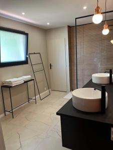 La salle de bains est pourvue d'une grande baignoire et d'un lavabo. dans l'établissement Appartement Les Camélias proche La Rochelle, à Périgny
