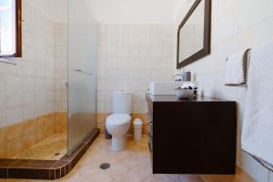 a bathroom with a toilet and a shower at Villa Luce in Halki +95 photos
