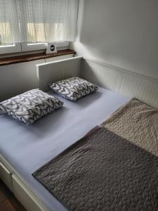 a bed with two pillows on it in a room at Studio apartman Tamai in Kutina +2 photos