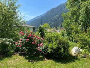 a bush of flowers in a field with a mountain at Ferienhaus Lara in Feld am See