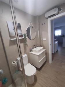 een badkamer met een toilet, een wastafel en een spiegel bij Alojamiento La Unión in Fuengirola