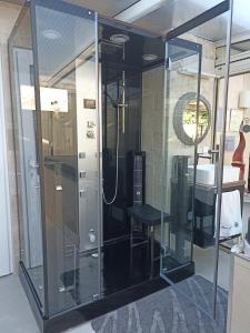 a glass shower in a room with a sink at La Maison Du Bonheur in Saintry-sur-Seine