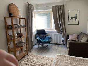 ein Wohnzimmer mit einem Stuhl und einem Sofa in der Unterkunft Little house with sauna in Lahti