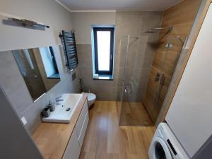 a bathroom with a shower and a sink and a toilet at Turystyka 4jeziora Iława in Iława