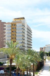 a tall white building with palm trees in front of it at Prince Park in Benidorm