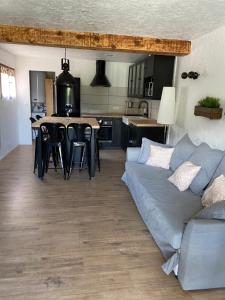 una sala de estar con un sofá y una mesa en Bas de chalet au pied des pistes Cambre d'aze, en Saint-Pierre-dels-Forcats
