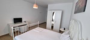 コスティネシュティにあるVila DVG Costinestiの白い小さなベッドルーム(ベッド1台、テレビ付)