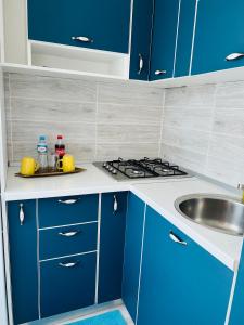 a kitchen with blue cabinets and a sink at Miha modern and central apartament in Arad