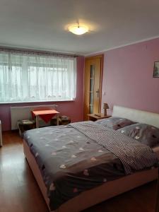 a bedroom with two beds and a red wall at Pokoje gościnne Edan in Łeba
