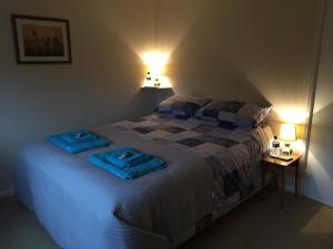 a bedroom with a bed with blue towels on it at Llys y Coed in Brechfa