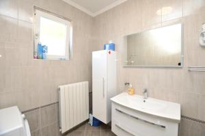 W łazience znajduje się umywalka i biała lodówka. w obiekcie New apartment with terrace and sea view 1 w mieście Poljane +28 zdjęć