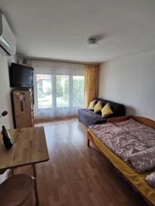 - un salon avec un lit et un canapé dans l'établissement Kaméleon Apartmanház, à Balatonszemes