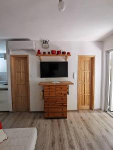 Televízia a/alebo spoločenská miestnosť v ubytovaní Kaméleon Apartmanház EV töltéssel