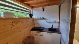 a small kitchen with a sink and a window at Grajski oddih in Cerklje na Gorenjskem +37 photos