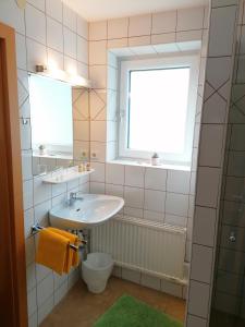 bagno con lavandino e finestra di Helle Ferienwohnung Saunahaus ad Annaberg im Lammertal