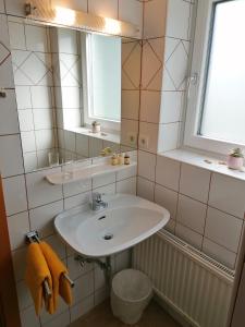 bagno con lavandino e specchio di Helle Ferienwohnung Saunahaus ad Annaberg im Lammertal