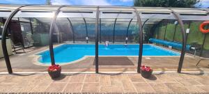 a swimming pool in a glass house with two potted plants at Cypress Log Cabins Accommodation in Godshill