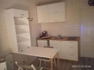 eine kleine Küche mit Tisch und Spüle in der Unterkunft Studio au fil de l'eau in Saulzoir