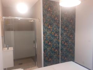 托雷伊的住宿－Villa san salvador Torreilles plage，浴室设有花卉壁画淋浴。