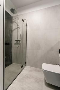 a bathroom with a shower and a toilet and a sink at Urban Apartment Deluxe Kamienica Nova 3 in Szczecin