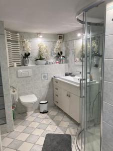 Un baño con inodoro, lavabo y ducha. en Apartament Młociny, en Varsovia 18 fotos más