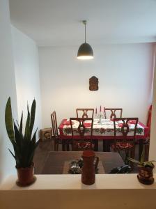 una sala da pranzo con tavolo, sedie e una pianta di Vintage Downtown Hostel a Braşov