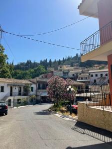 a street in a town with a hill in the background at Anastasia’s Apartment in Sinarádes