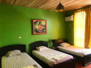 Zimmer mit 2 Betten und einer grünen Wand in der Unterkunft Amazon Dream Hostel with AC and Starlink in Iquitos