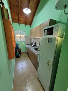 uma cozinha com paredes verdes e um frigorífico branco em Cabañas San Pío em Merlo