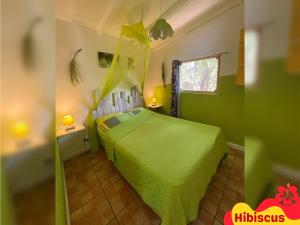 a bedroom with a green bed and a window at Caraiba Villa & Bungalows in Sainte-Anne