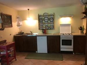Appartement près de DOLE في Menotey: مطبخ مع موقد أبيض ومغسلة