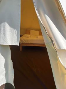 a small room with a bed in a tent at Tipi - Pengarreg in Aberystwyth