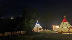 two teepees are set up in a field at night at Tipi Bieszczady Puchary in Hoczew