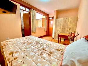 um quarto com uma cama grande e uma janela em Samay's Hostal em Moquegua