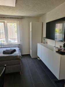 uma cozinha com uma cama e um frigorífico branco em Apartment am See em Friedrichshafen