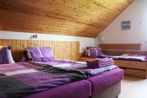 two beds in a room with purple sheets at Apartmány Fialka in Kašperské Hory