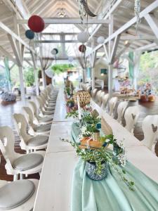 een lange tafel met witte stoelen en planten erop bij Casa cu Suflet in Sighişoara
