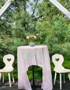 een tafel met twee witte stoelen en een boom bij Casa cu Suflet in Sighişoara