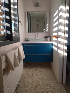W łazience znajduje się niebieska umywalka i lustro. w obiekcie Le Grand Cèdre - 2 Chambres d'hôtes - Sud Ardèche w mieście Bourg-Saint-Andéol +18 zdjęć
