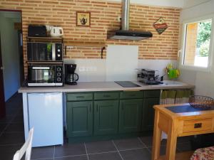 a kitchen with green cabinets and a white refrigerator at Le Gitounet sur la route des bastides in Labouquerie