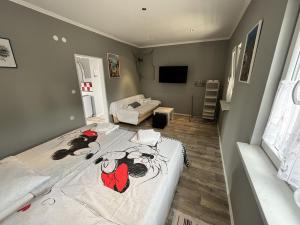 1 dormitorio con 1 cama y TV en Apartmani Axa, en Rukavac