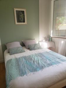 1 dormitorio con 1 cama grande y 2 almohadas en Chambre Zen à la campagne, en Marennes