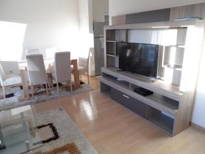 uma sala de estar com um grande centro de entretenimento com uma televisão de ecrã plano em Apartment Ana em Podgorica