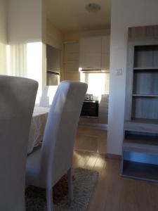 uma cozinha com mesa e cadeiras num quarto em Apartment Ana em Podgorica