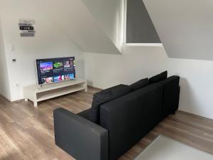 ein Wohnzimmer mit einem schwarzen Sofa und einem Flachbild-TV in der Unterkunft Leda Vendeghaz in Balatonfenyves