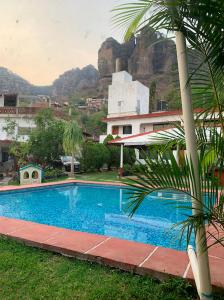 a swimming pool in front of a house with a palm tree at Hotel Puerto Villamar in Tepoztlán