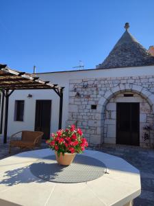 莫诺波利I Trulli di nonno Oronzo的坐在建筑物前桌边的一盆鲜花