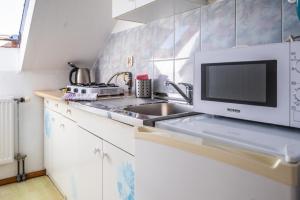 a kitchen with a sink and a microwave at Agroturystyka Pod Kogutem in Dziwnówek