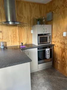 uma cozinha com um fogão e um micro-ondas em Westmere Retreat em Westmere